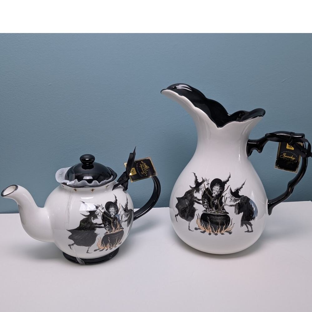 Potter's Studio Halloween Teapot & Pitcher Ceramic Witches Cauldron NEW W TAGS